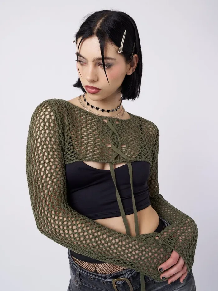 Women Minga London Tops and TShirts Ramona Green Lace Up Knitted Shrug