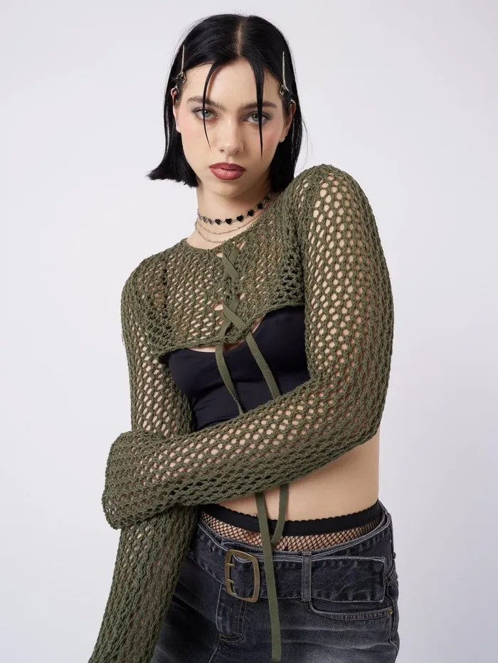 Women Minga London Tops and TShirts Ramona Green Lace Up Knitted Shrug