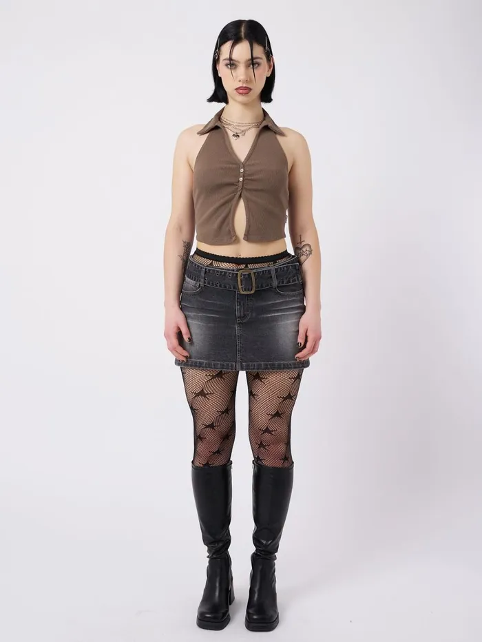 Women Minga London Tops and TShirts Raya Taupe Halter Neck Collar Top