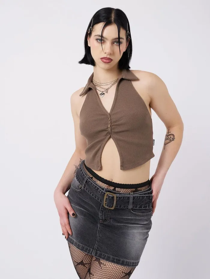 Women Minga London Tops and TShirts Raya Taupe Halter Neck Collar Top