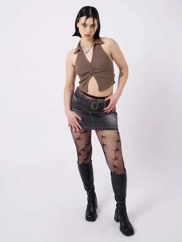 Women Minga London Tops and TShirts Raya Taupe Halter Neck Collar Top