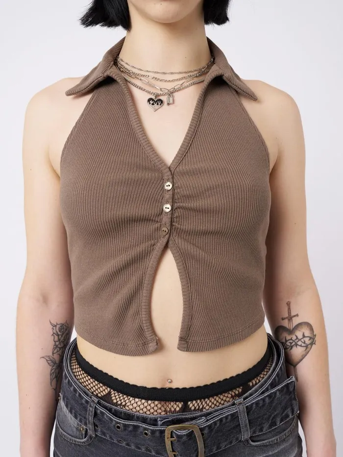 Women Minga London Tops and TShirts Raya Taupe Halter Neck Collar Top