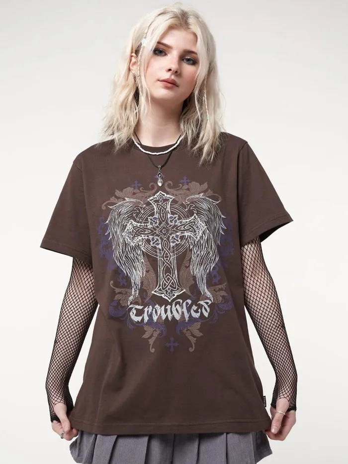 Women Minga London Tops and TShirts Winged Cross Brown Tshirt