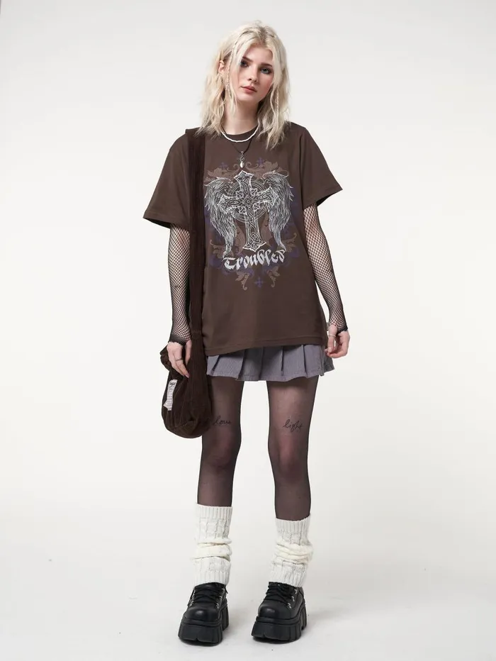 Women Minga London Tops and TShirts Winged Cross Brown Tshirt