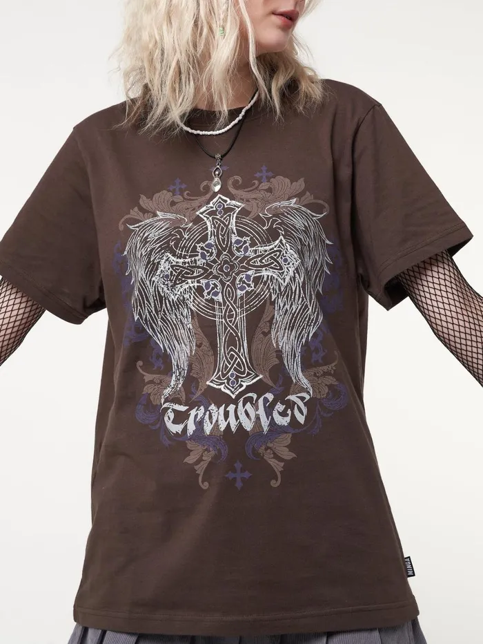 Women Minga London Tops and TShirts Winged Cross Brown Tshirt