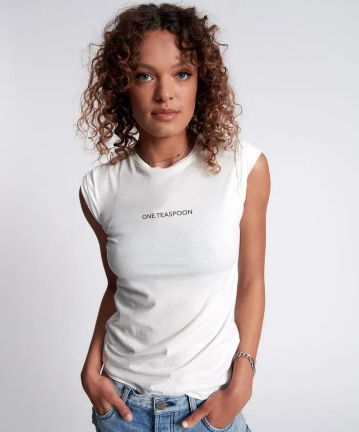 Women ONE TEASPOON ORGANIC FITTED LOGO TEE WHITE One Teaspoon Tees and Tanks