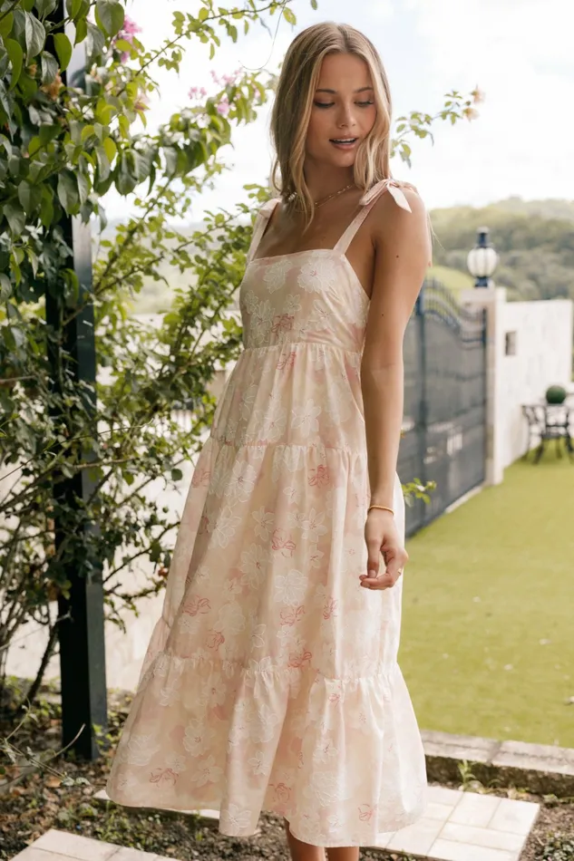 Women Petal and Pup Andi Midi Dress Pink White Floral Floral Dresses