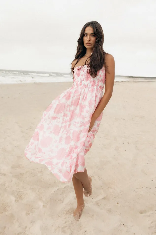 Women Petal and Pup Carter Strapless Midi Dress Pink Floral Linen Dresses