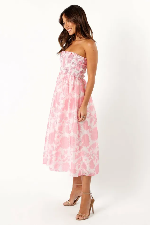 Women Petal and Pup Carter Strapless Midi Dress Pink Floral Linen Dresses