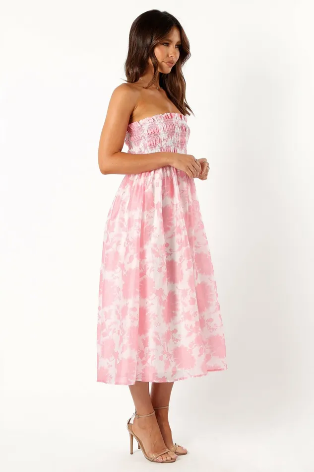 Women Petal and Pup Carter Strapless Midi Dress Pink Floral Linen Dresses