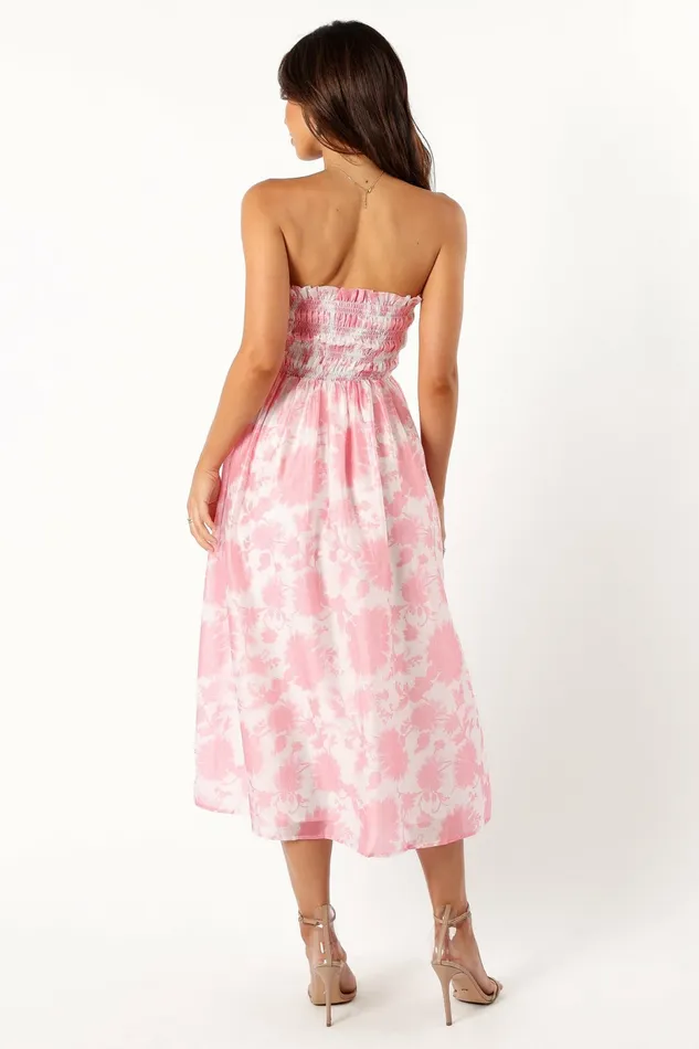 Women Petal and Pup Carter Strapless Midi Dress Pink Floral Linen Dresses