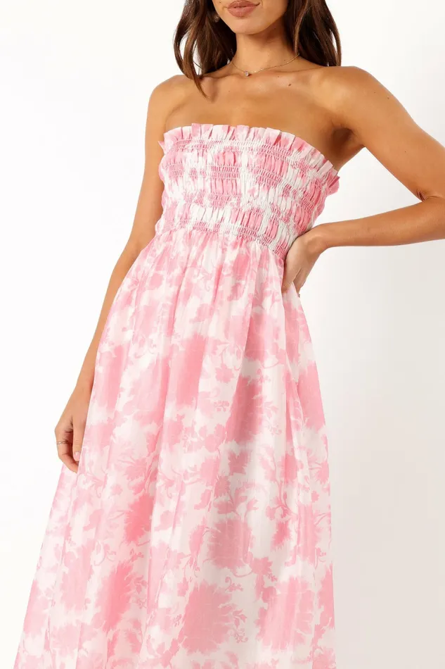 Women Petal and Pup Carter Strapless Midi Dress Pink Floral Linen Dresses