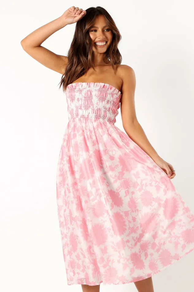 Women Petal and Pup Carter Strapless Midi Dress Pink Floral Linen Dresses