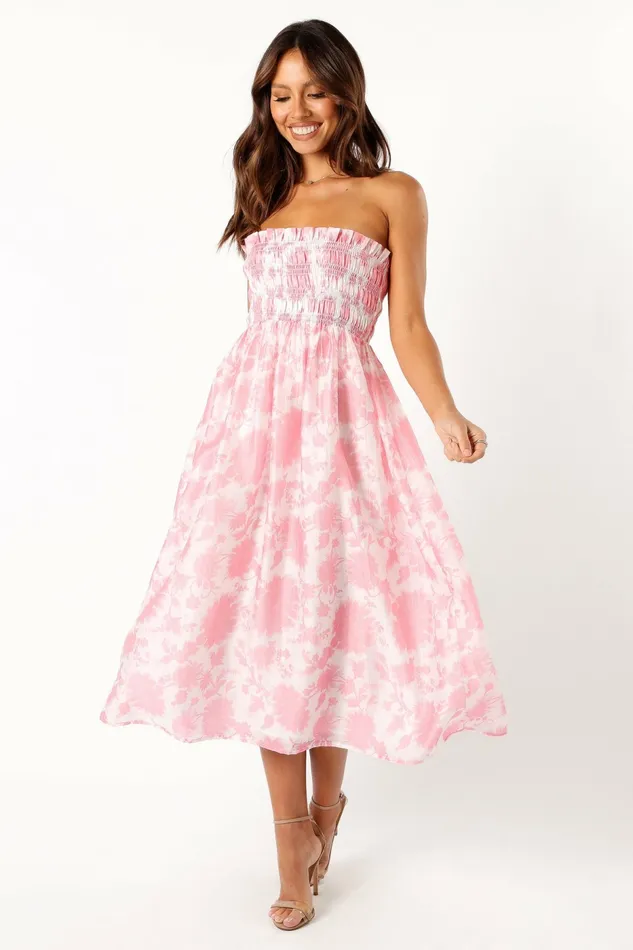 Women Petal and Pup Carter Strapless Midi Dress Pink Floral Linen Dresses