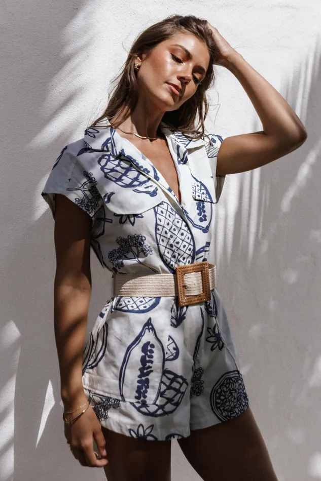 Women Petal and Pup Georgina Tie Waist Romper Navy Jumpsuits and Rompers