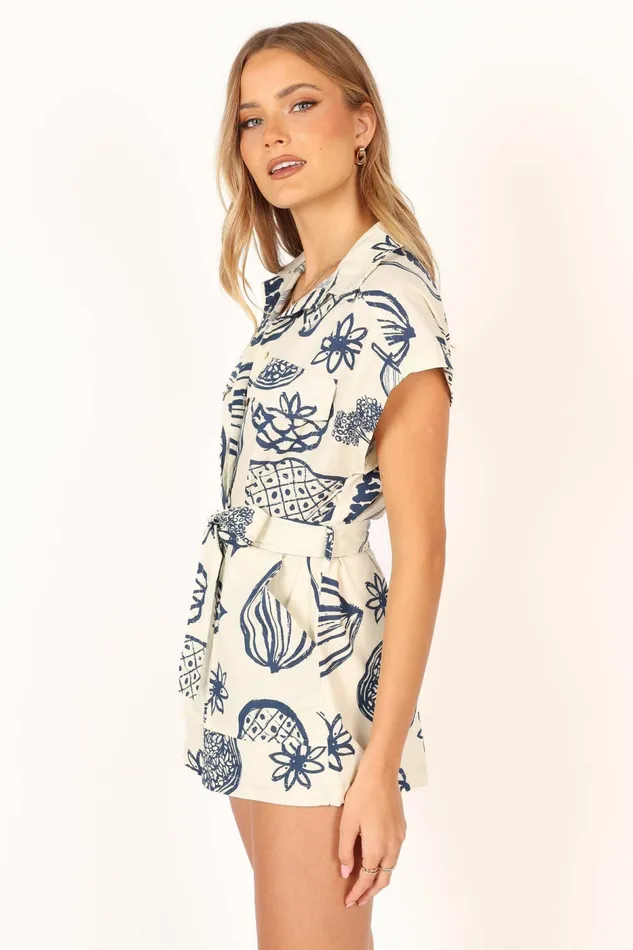 Women Petal and Pup Georgina Tie Waist Romper Navy Jumpsuits and Rompers