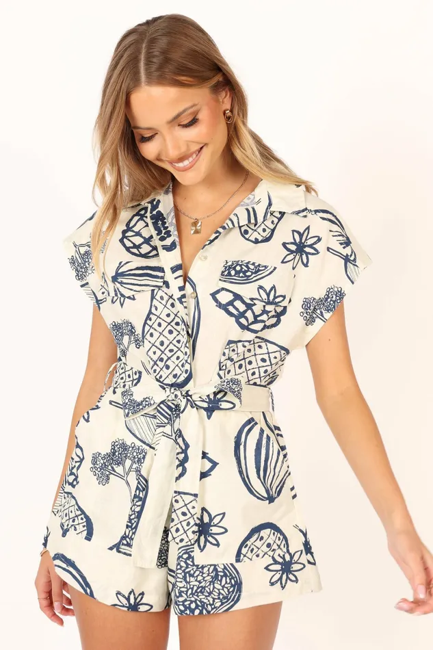 Women Petal and Pup Georgina Tie Waist Romper Navy Jumpsuits and Rompers