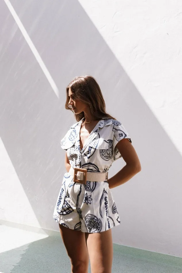 Women Petal and Pup Georgina Tie Waist Romper Navy Jumpsuits and Rompers