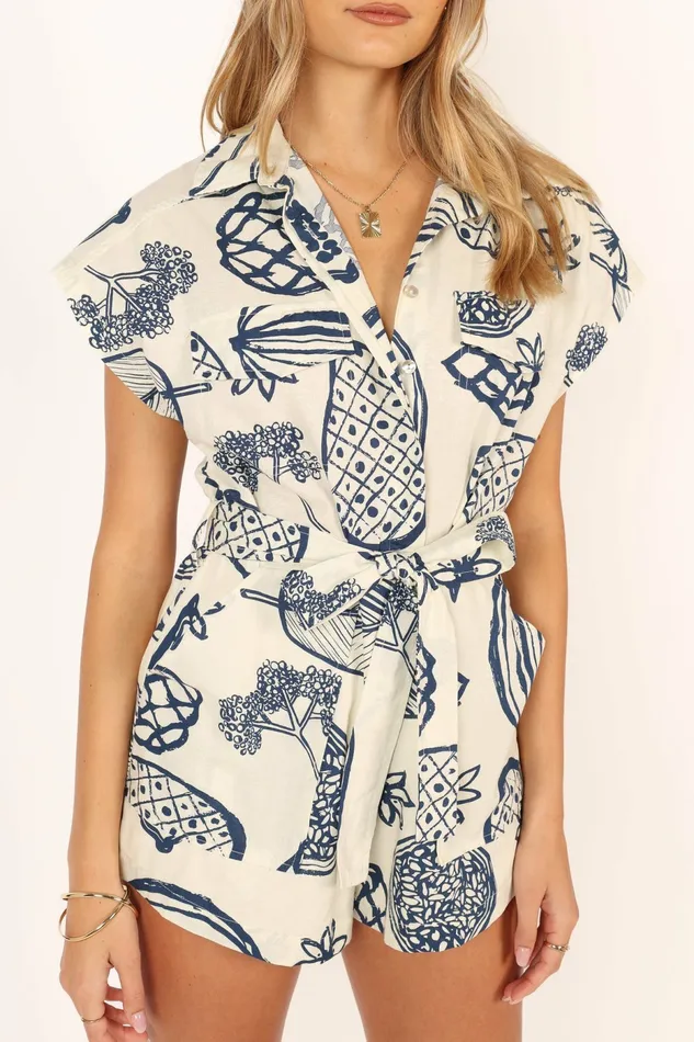 Women Petal and Pup Georgina Tie Waist Romper Navy Jumpsuits and Rompers