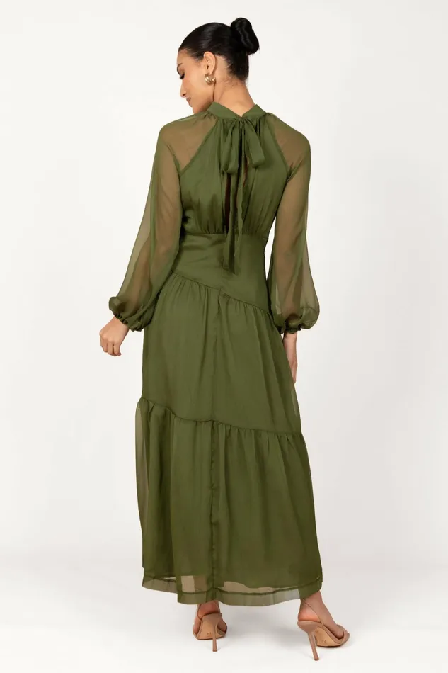Women Petal and Pup Julip Sheer Long Sleeve Maxi Dress Olive Winter Dresses
