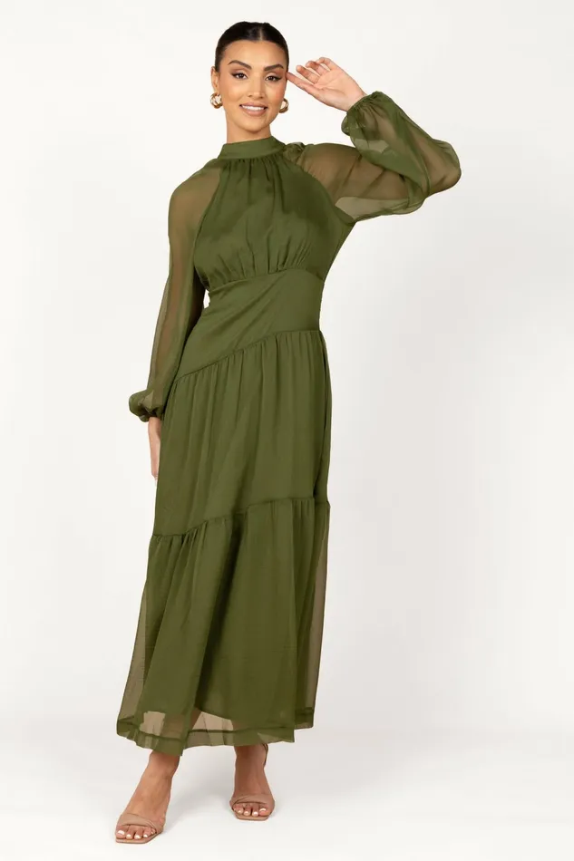 Women Petal and Pup Julip Sheer Long Sleeve Maxi Dress Olive Winter Dresses
