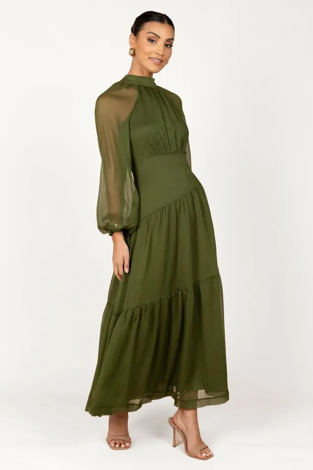 Women Petal and Pup Julip Sheer Long Sleeve Maxi Dress Olive Winter Dresses