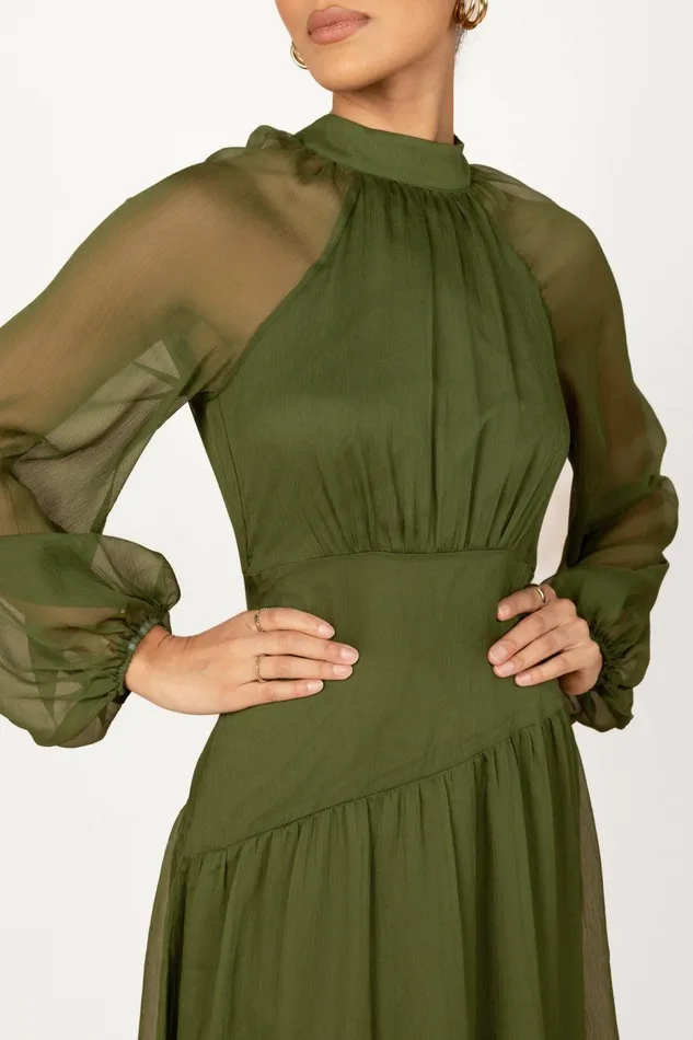 Women Petal and Pup Julip Sheer Long Sleeve Maxi Dress Olive Winter Dresses