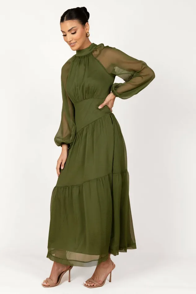 Women Petal and Pup Julip Sheer Long Sleeve Maxi Dress Olive Winter Dresses