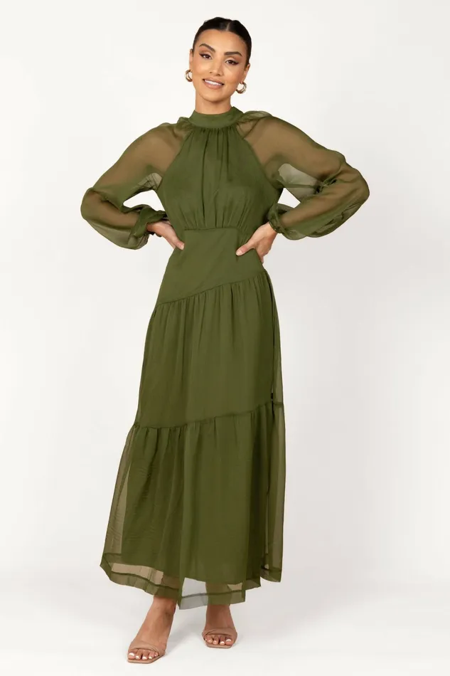 Women Petal and Pup Julip Sheer Long Sleeve Maxi Dress Olive Winter Dresses