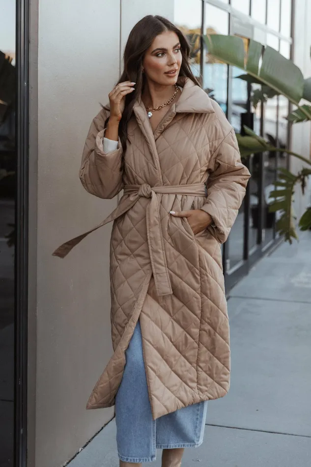 Women Petal and Pup Kallie Quilted Tie Front Coat Camel Jackets and Coats