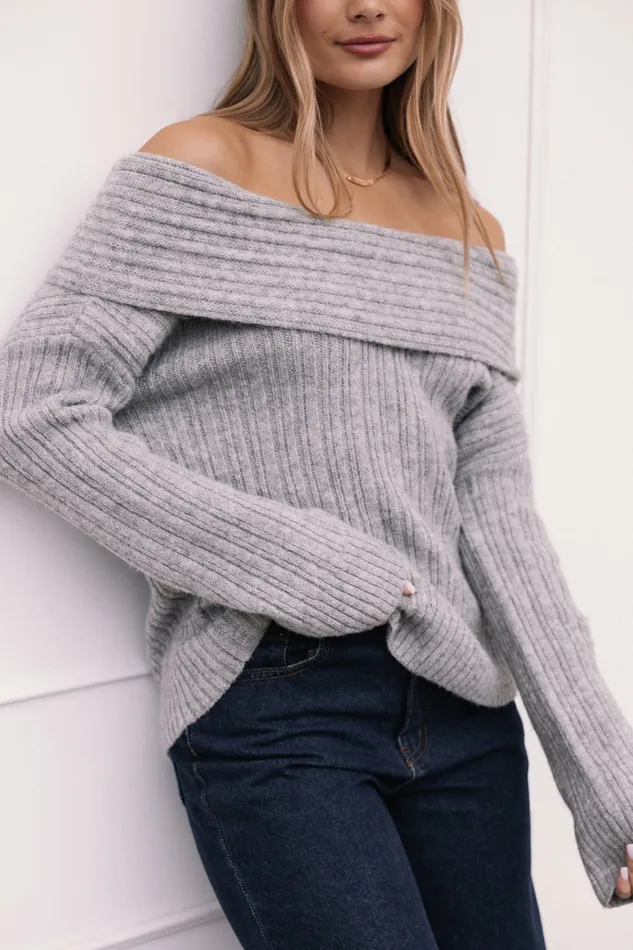 Women Petal and Pup Kenny Off Shoulder Knit Sweater Grey Sweaters