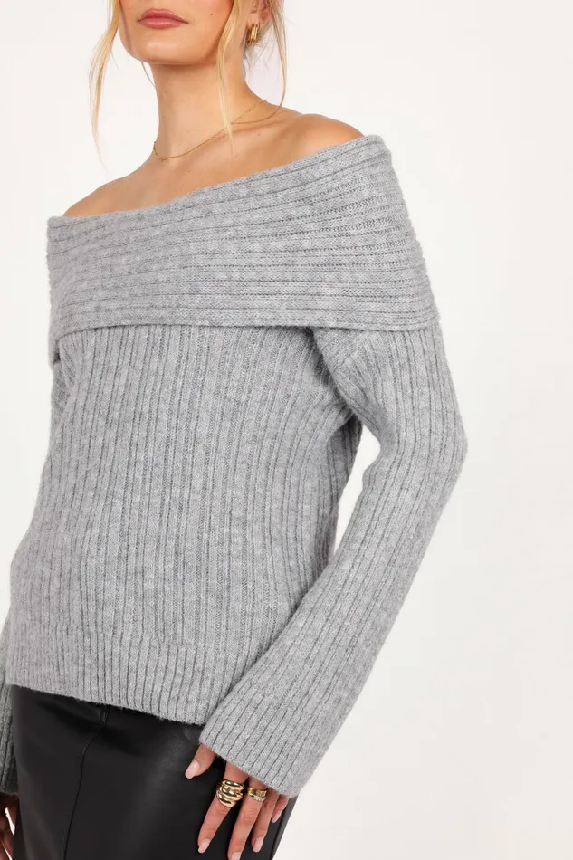 Women Petal and Pup Kenny Off Shoulder Knit Sweater Grey Sweaters