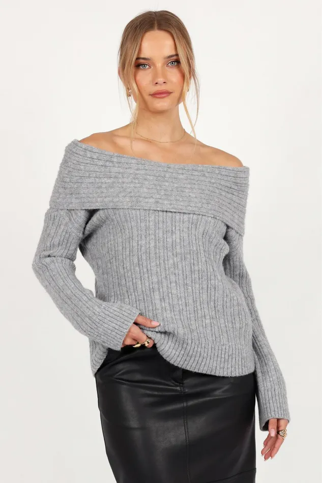 Women Petal and Pup Kenny Off Shoulder Knit Sweater Grey Sweaters