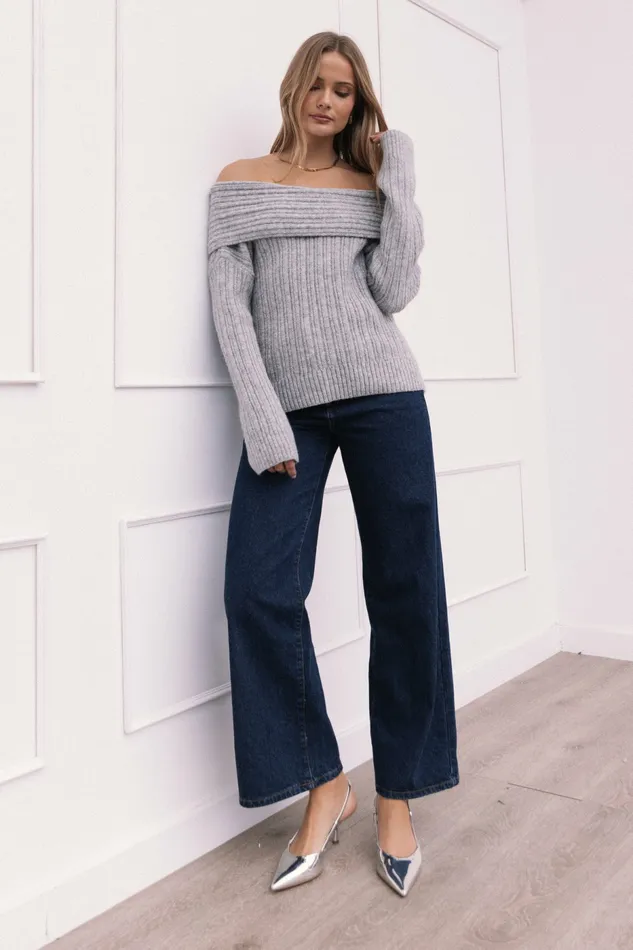 Women Petal and Pup Kenny Off Shoulder Knit Sweater Grey Sweaters