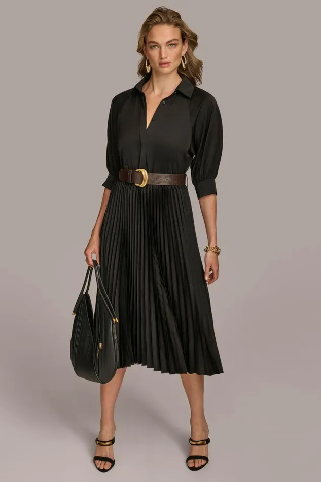 Women PLEATED SHIRT DRESS Black Donna Karan New York Dresses And Jumpsuits