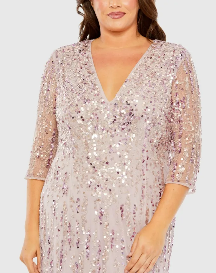 Women Plus Size Dresses Mac Duggal Mid Length Mesh Sleeve V Neck Embellished Dress Lilac