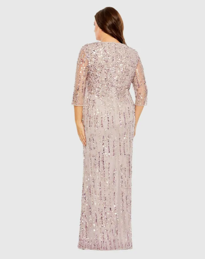 Women Plus Size Dresses Mac Duggal Mid Length Mesh Sleeve V Neck Embellished Dress Lilac
