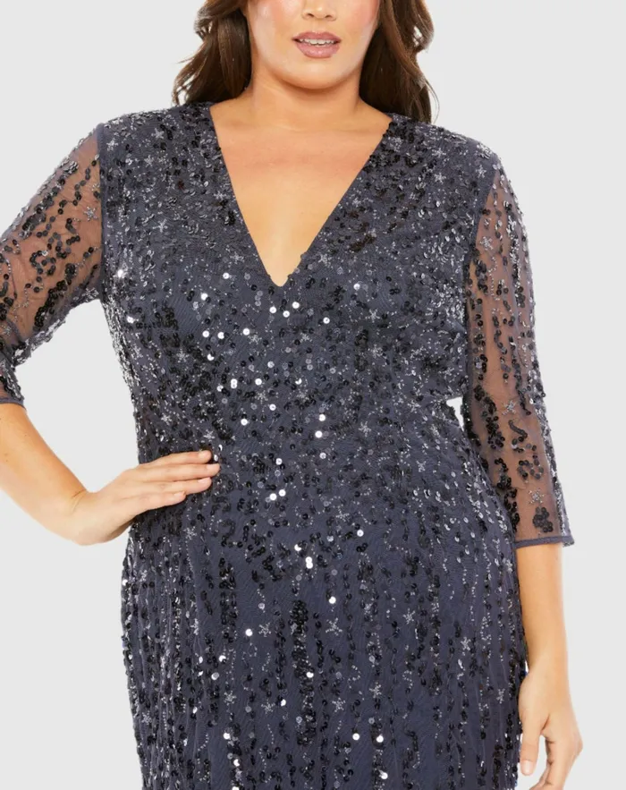 Women Plus Size Dresses Mac Duggal Mid Length Mesh Sleeve V Neck Embellished Dress Lilac