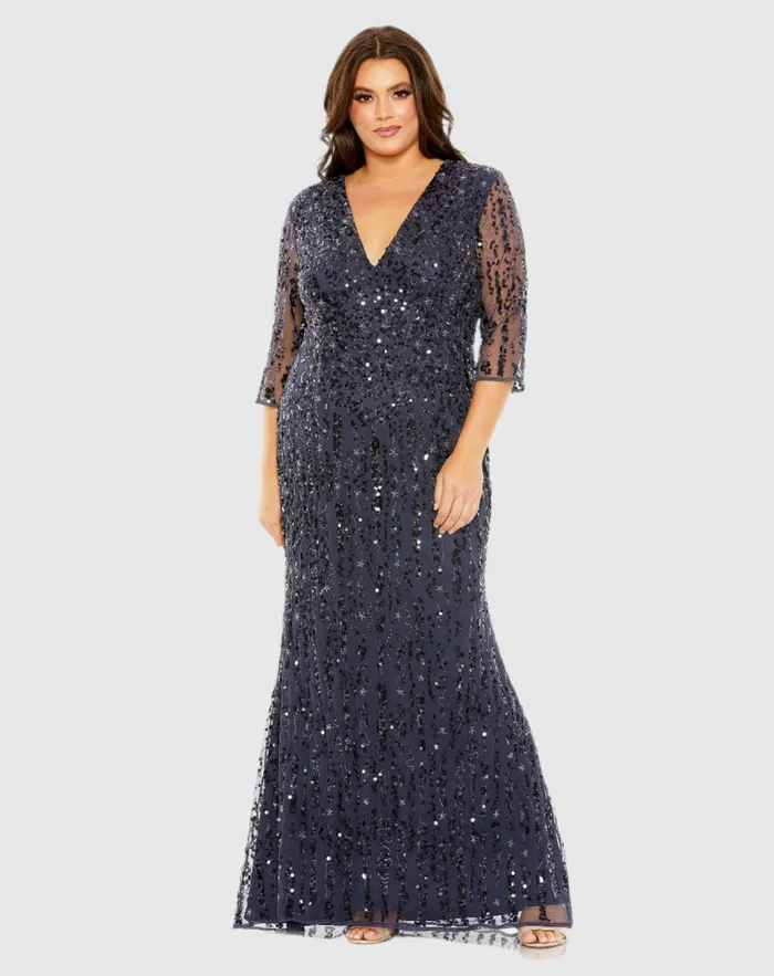 Women Plus Size Dresses Mac Duggal Mid Length Mesh Sleeve V Neck Embellished Dress Lilac