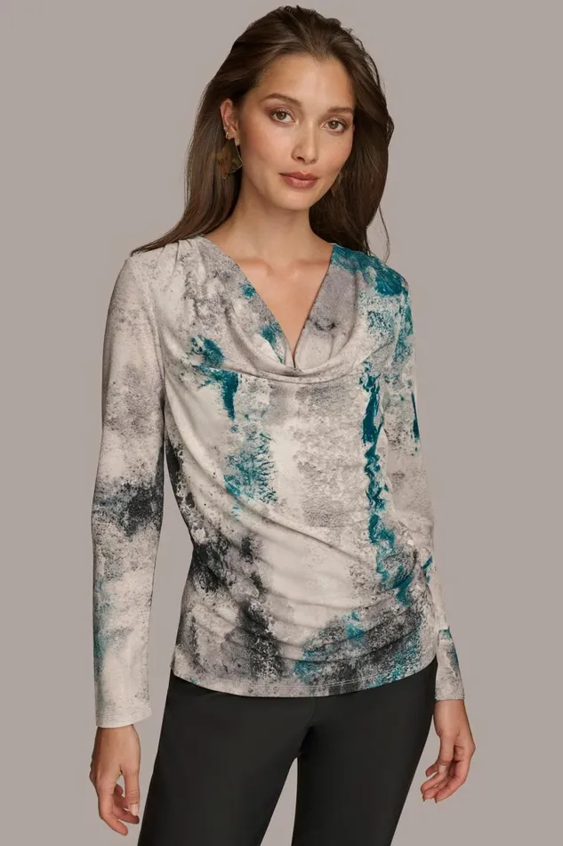 Women PRINT DRAPE FRONT TOP Peacock Blue Donna Karan New York Sweaters And Tops