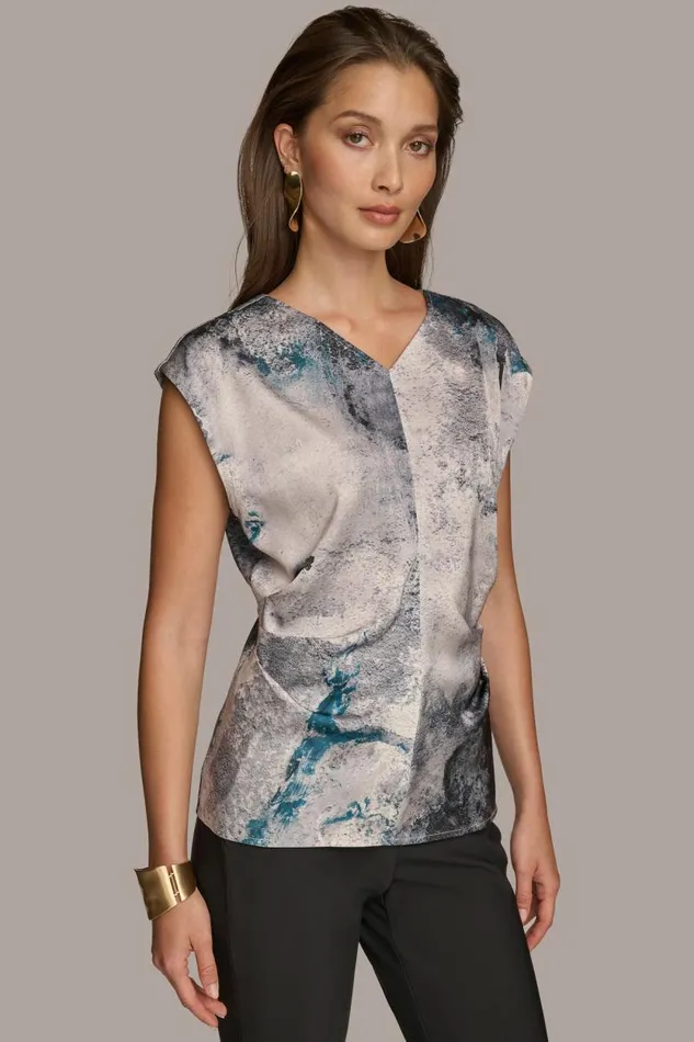 Women PRINTED CAP SLEEVE WITH DARTS Peacock Blue Donna Karan New York Sweaters And Tops