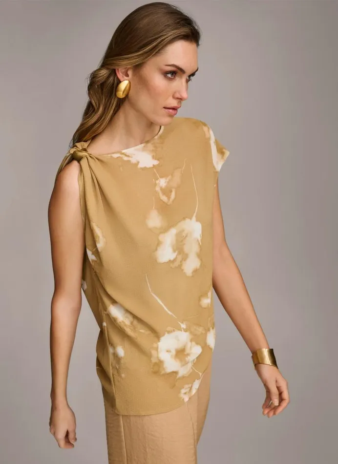 Women PRINTED GATHERED HARDWARE SHOULDER TOP Fawn Combo Donna Karan New York Sweaters And Tops