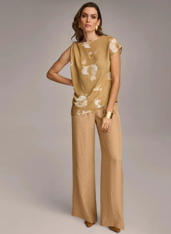 Women PRINTED GATHERED HARDWARE SHOULDER TOP Fawn Combo Donna Karan New York Sweaters And Tops