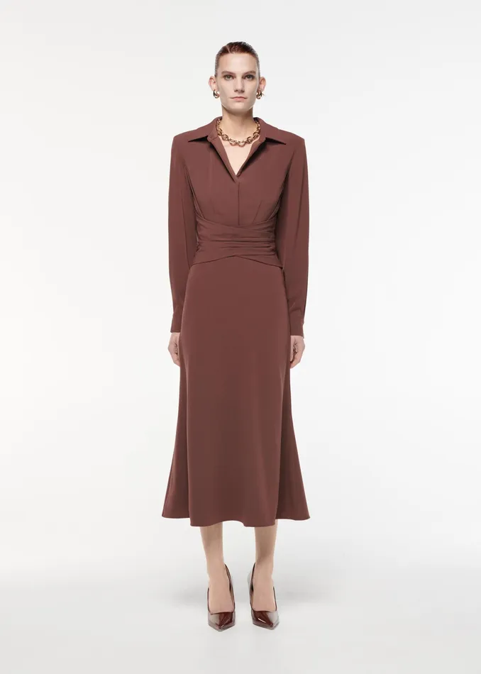 Women Roland Mouret Clothing Long Sleeve Satin Crepe Collar Midi Dress