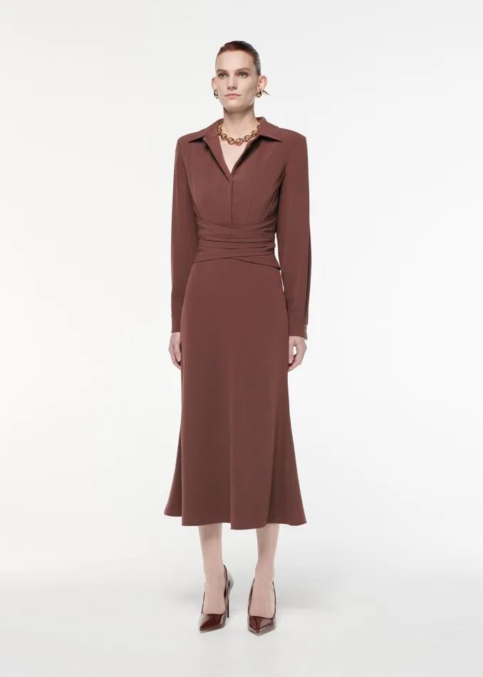 Women Roland Mouret Clothing Long Sleeve Satin Crepe Collar Midi Dress