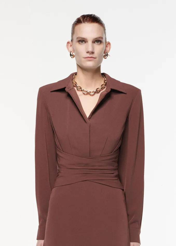 Women Roland Mouret Clothing Long Sleeve Satin Crepe Collar Midi Dress