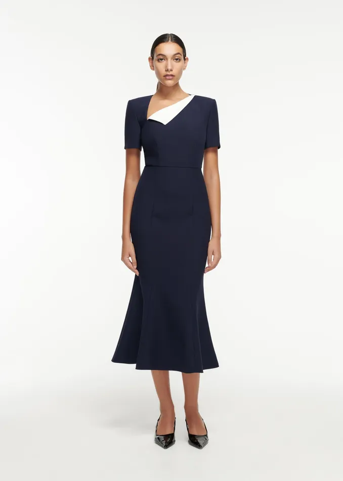 Women Roland Mouret Clothing Short Sleeve Crepe Contrast Midi Dress