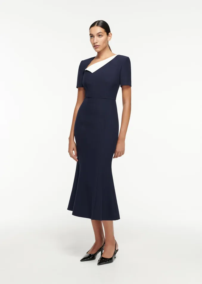 Women Roland Mouret Clothing Short Sleeve Crepe Contrast Midi Dress