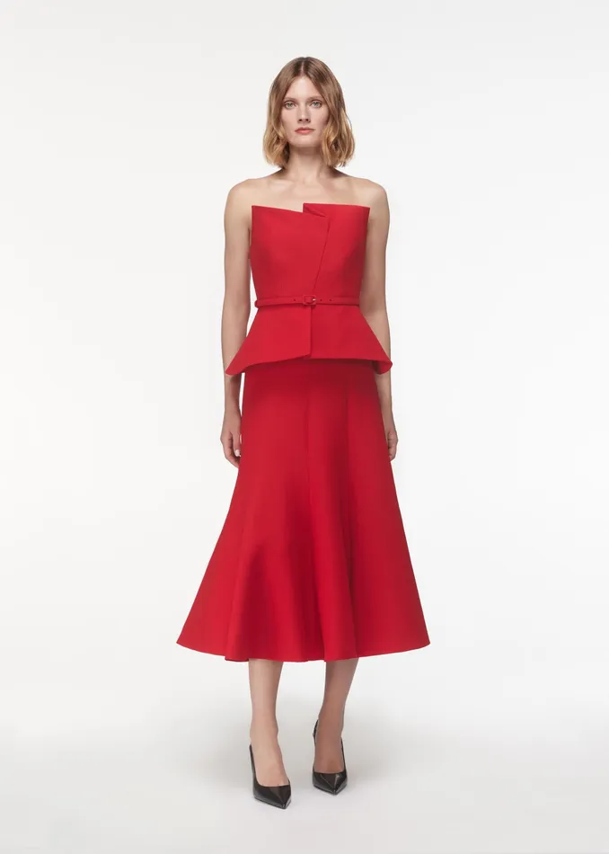 Women Roland Mouret Clothing Strapless Wool Silk Peplum Midi Dress