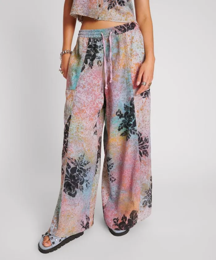 Women ROSE TATTOO HAND PAINTED FLORAL PALAZZO PANTS One Teaspoon Bottoms